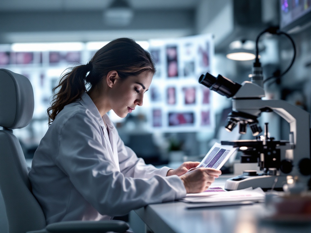 A researcher reviewing tissue slides and scar-treatment data at a laboratory microscope station