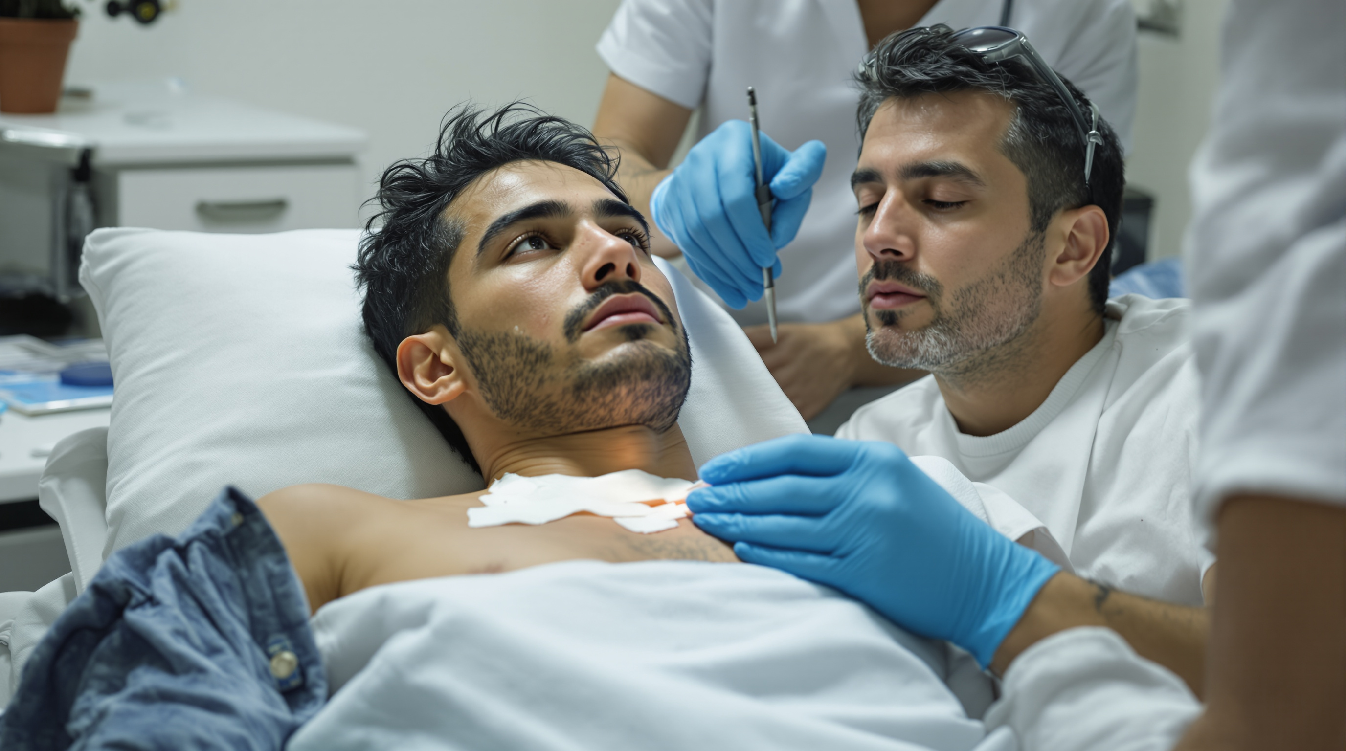 A dermatologist in a white coat examining a patient's raised shoulder scar with a handheld dermatoscope in a bright modern clinic room