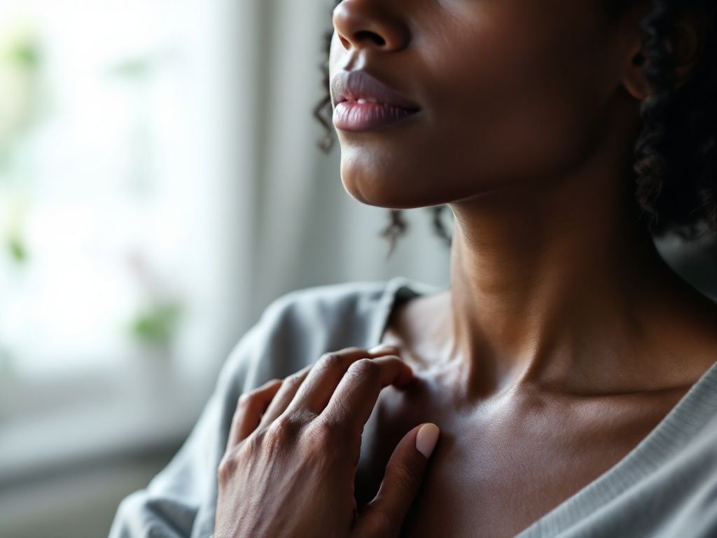 A person with deeper skin tone resting a hand over a scar on their collarbone in soft calm daylight