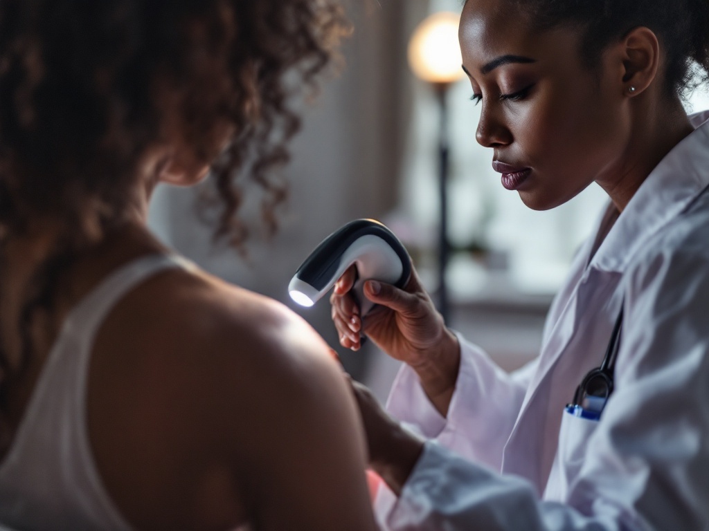 A dermatologist with deeper skin tone examining a patient's shoulder scar with a handheld dermatoscope