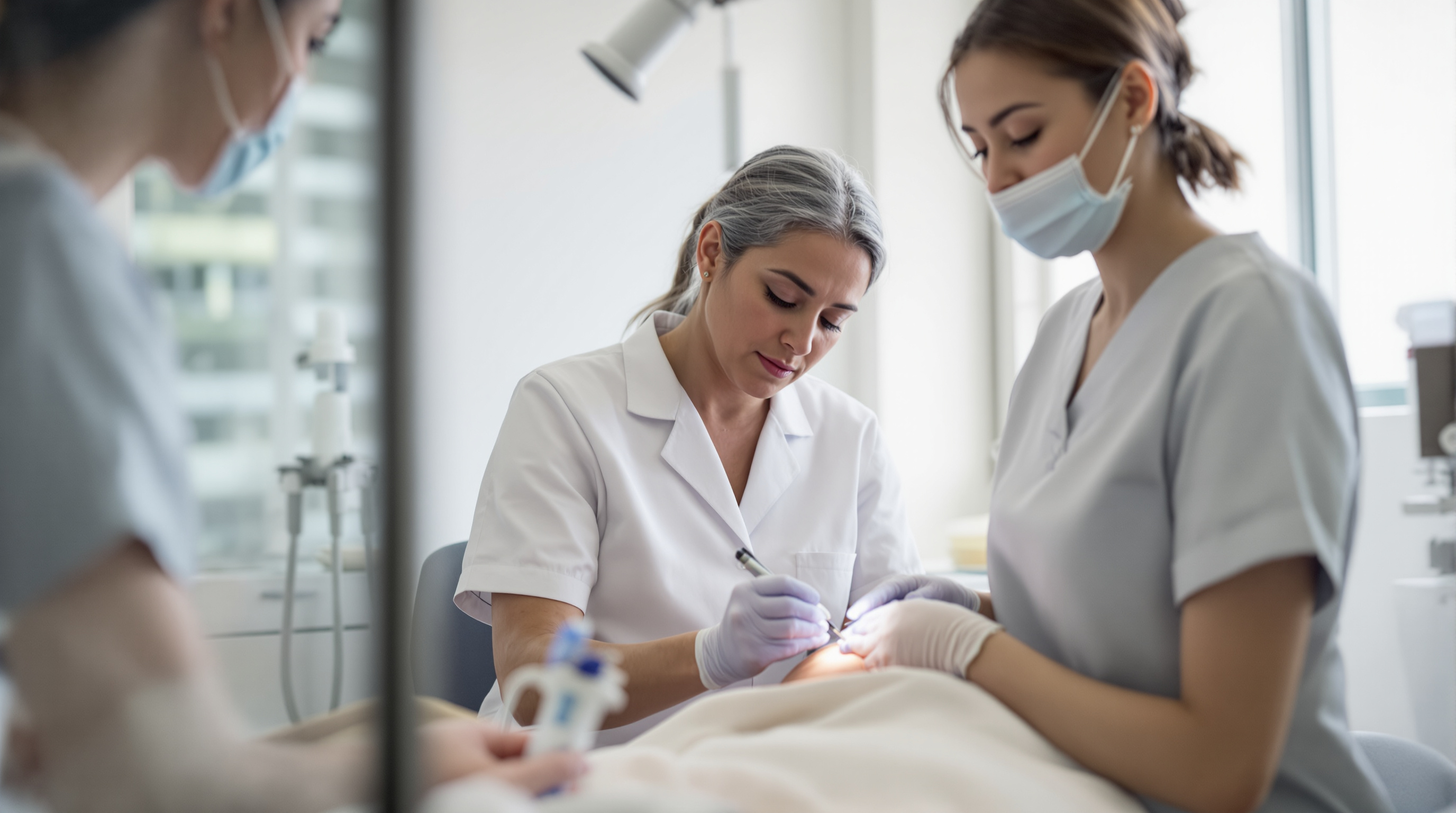 A clinician in a bright consultation room examining a patient's shoulder with a gloved hand, warm natural window light.