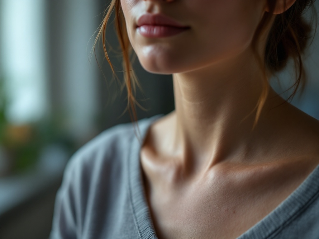 A calm portrait of a person at home in morning light with a faint flattened collarbone scar