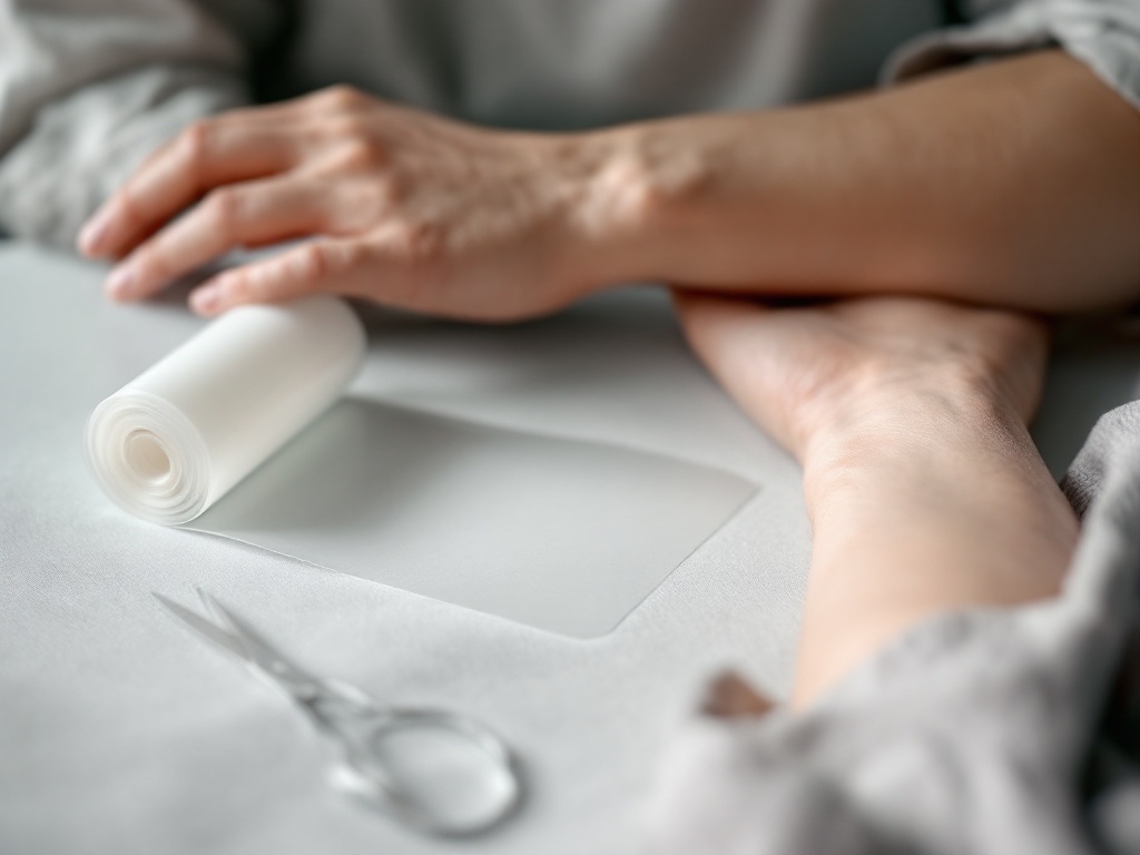A roll of clear medical silicone scar sheeting and scissors beside a person's healing forearm