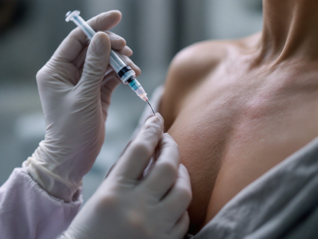 A clinician using a fine syringe to inject a small raised scar on a patient's upper chest