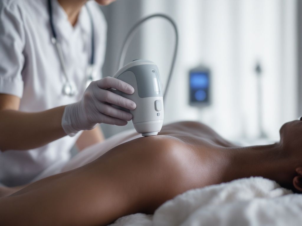 A radiation therapist positioning a compact superficial therapy applicator over a patient's shoulder in a calm treatment room