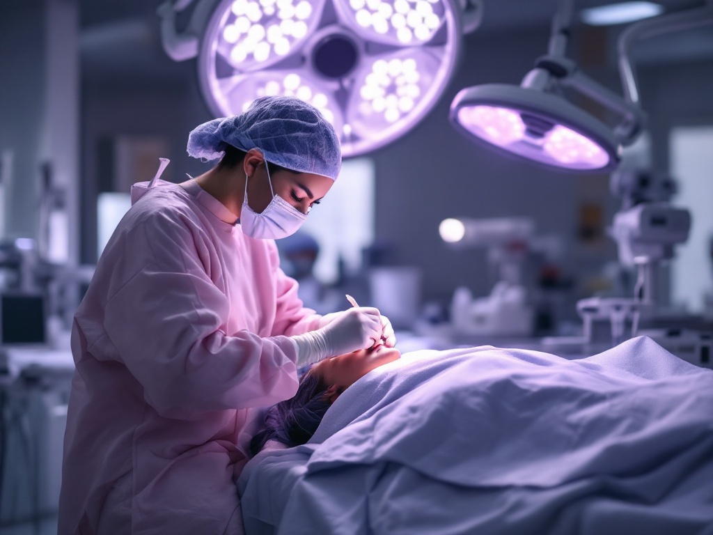 A draped dermatologic surgery suite with a gowned surgeon preparing instruments under operating lights
