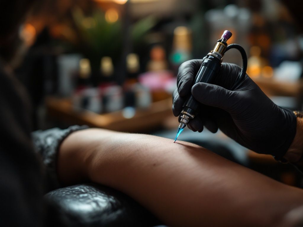 Close-up of a tattoo artist's gloved hands and machine working near a client's shoulder in a clean modern studio