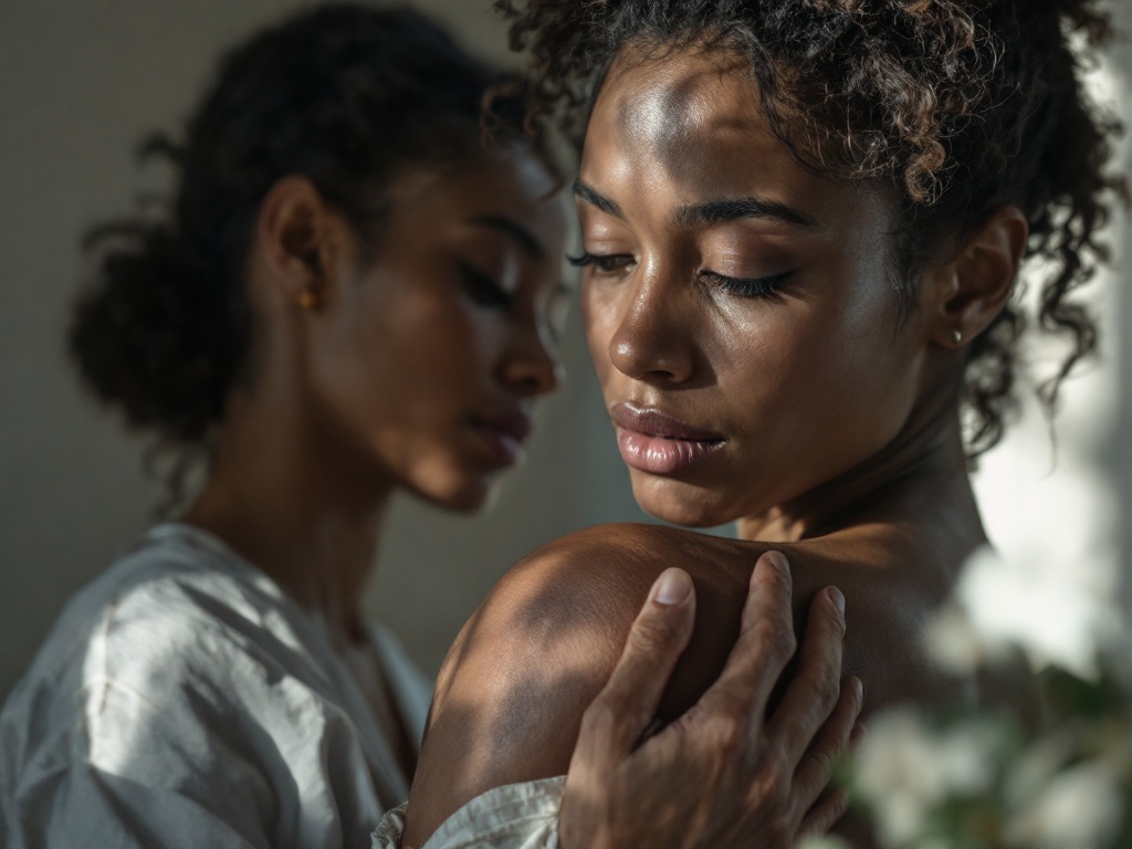 A person with deeper skin tone resting a hand on their shoulder scar in soft daylight